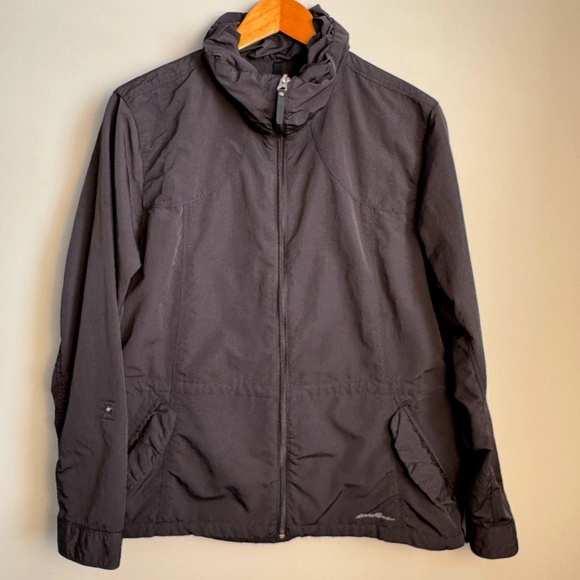 Eddie Bauer Travex Women's XL Windbreaker Jacket Full Zip Black Roll Tab Sleeve - Picture 1 of 16